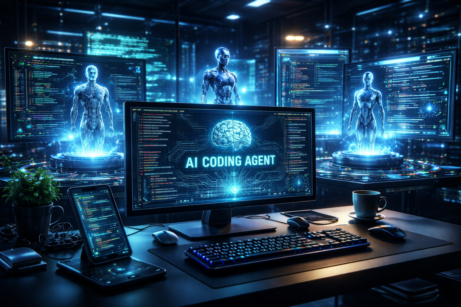 Environnement de développement futuriste avec agents IA assistant un développeur, écrans affichant du code et intelligence artificielle en action