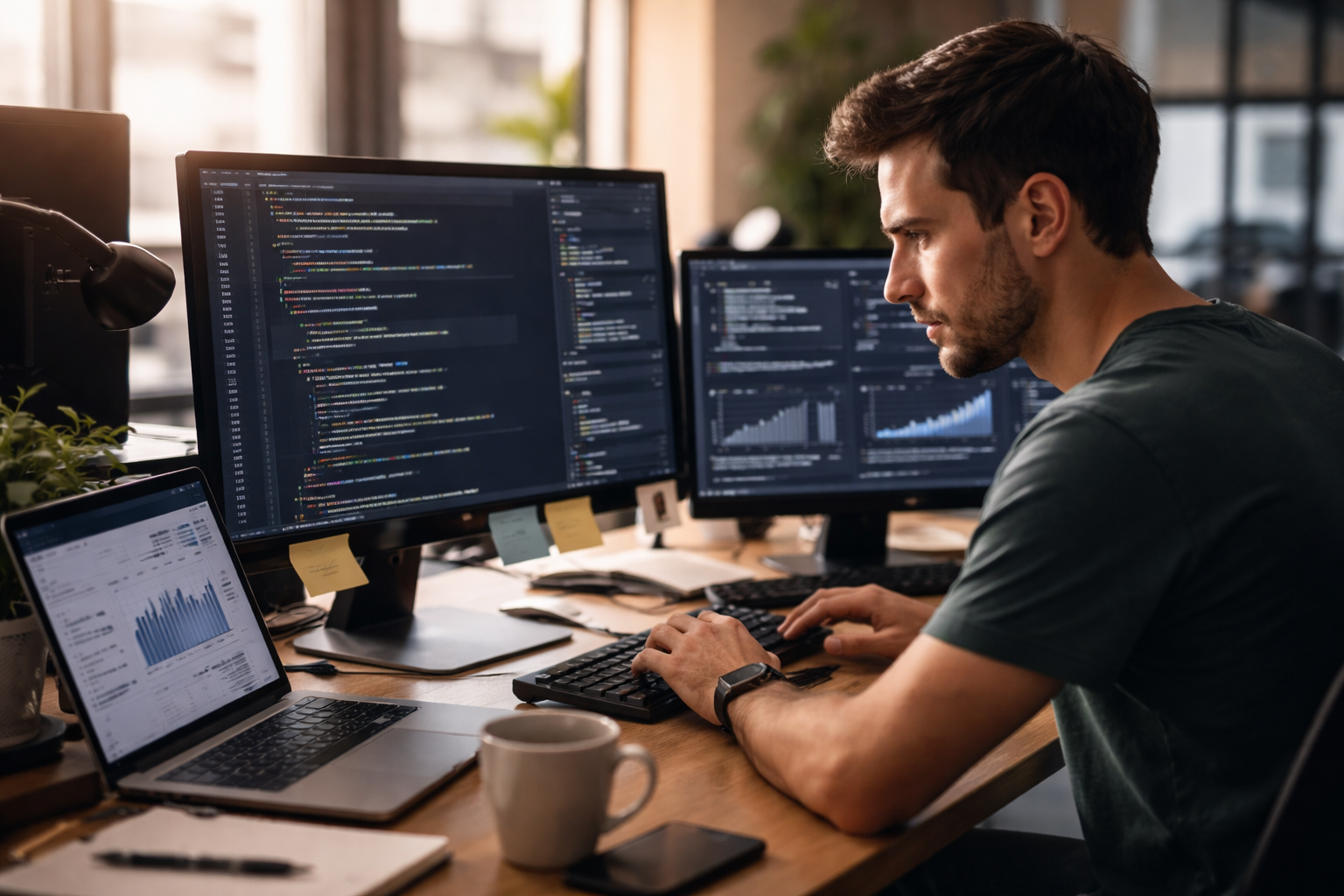 Développeur travaillant sur plusieurs écrans avec du code et des outils d’analyse, représentant l’usage de l’intelligence artificielle dans le développement logiciel moderne en 2026.