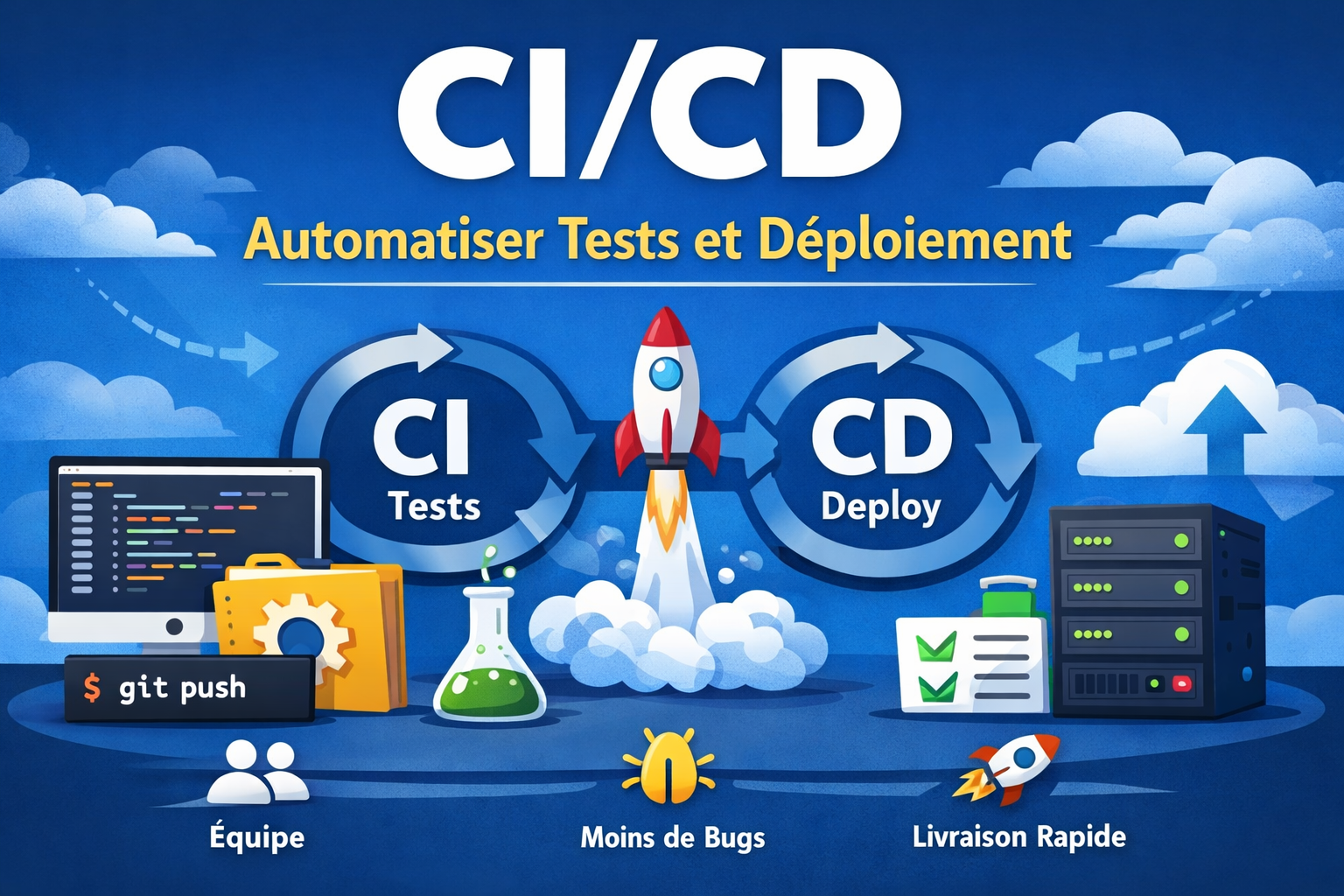 Guide simple pour comprendre le CI/CD et automatiser les tests et le déploiement de ton application web.