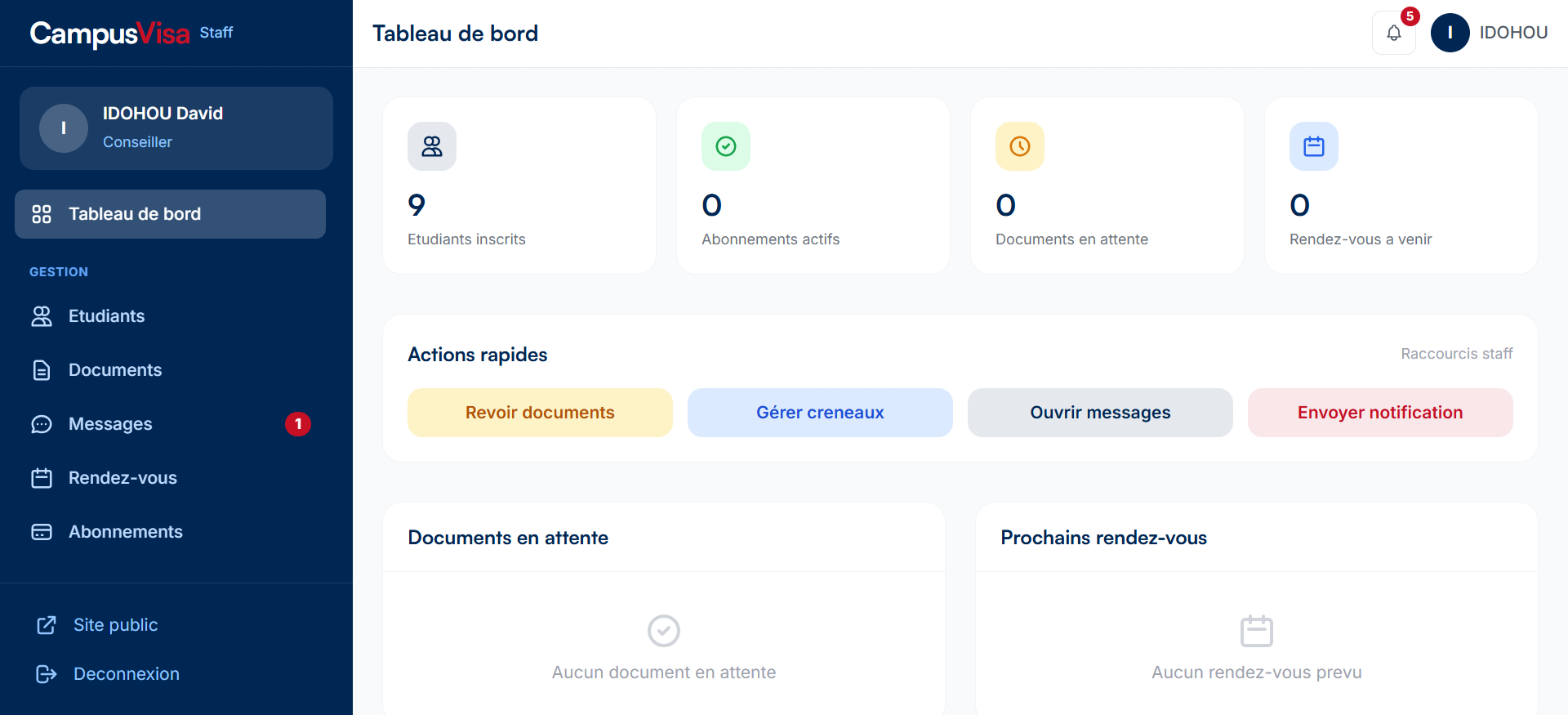 Dashboard de staff chez Campusvisa pour gérer leur etudiants